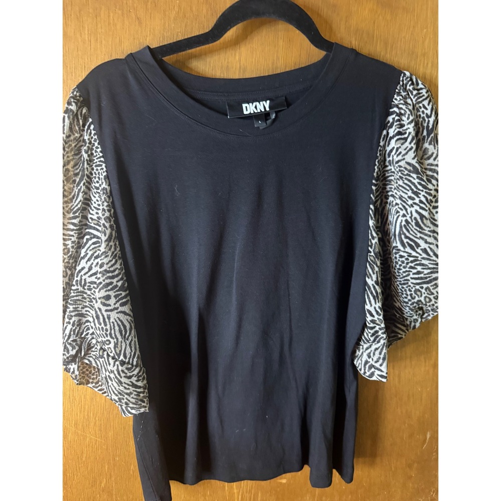 DKNY Womens Black Crew Neck Top Animal Print Puff Short Sleeve Blouse Large